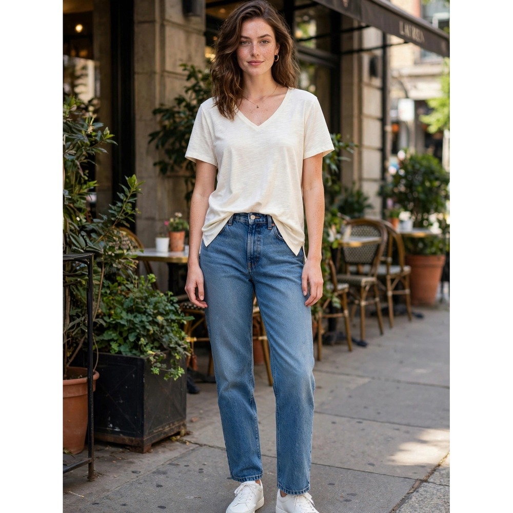 Lauren Ralph Lauren Woman V-Neck Cotton T-Shirt Winter Cream 2X 202793552008